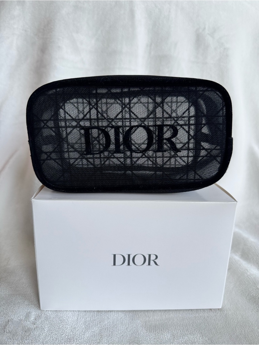 Dior Black Mesh Makeup Bag Pouch with Logo and Box GWP